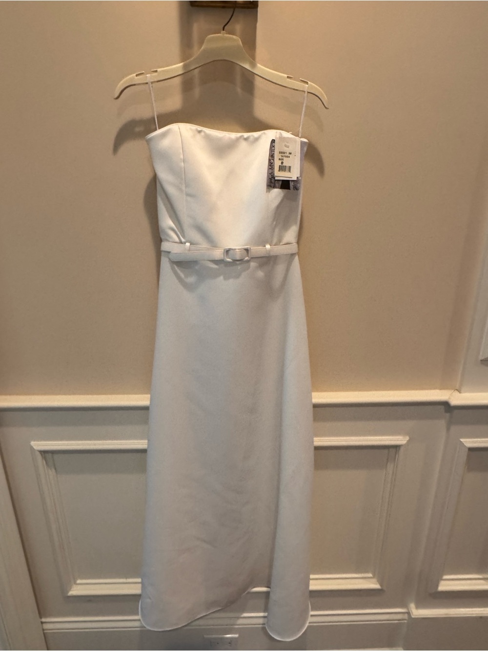 Jessica McClintock Strapless White Midi Dress with Slim Belt